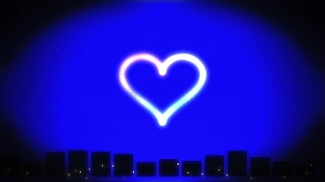 Neon glowing shapes transition on blue backdrop with night city skyline silhouette digital motion graphic