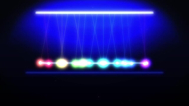 Newton's cradle kinetic energy physics motion balls moving in a colorful light display loop