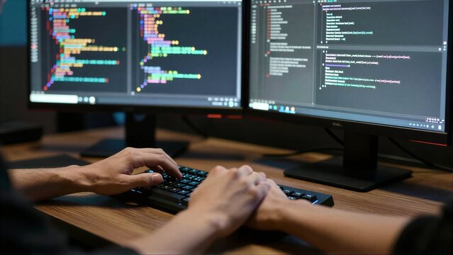 Programmer typing code on dual monitors with glowing keyboard and mouse.