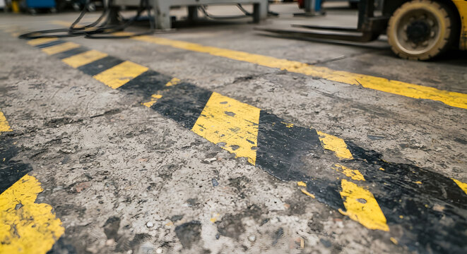 Worn yellow and black hazard safety stripes on an industrial warehouse floor