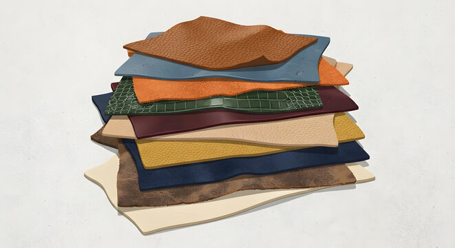 A stacked assortment of multicolored leather swatches and hides