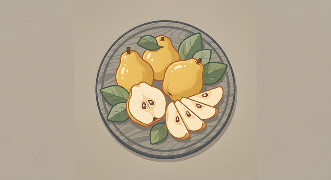 Fresh whole and sliced pears on a wooden platter
