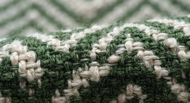 Macro close up of a green and white woven textile texture