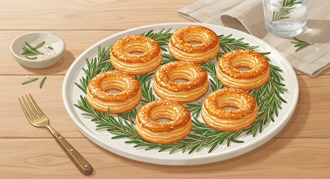Gourmet kouign-amann pastry rings with fresh rosemary and sea salt