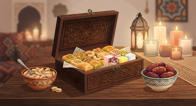 Traditional festive sweet treats in a carved wooden box