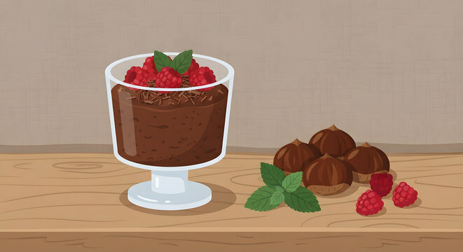 Chocolate mousse in a glass bowl with chestnuts and raspberries
