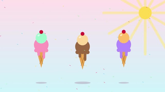Three colorful ice cream cones floating and bouncing against a pastel sunset sky background with sun rays