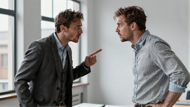 Three men in an office argue, one pointing accusingly at another.
