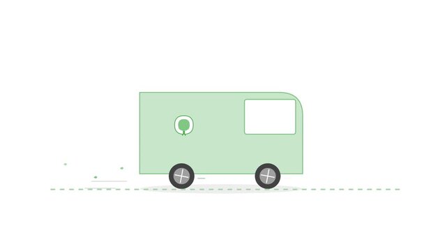 Animated vector electric delivery van with leaf icon driving for sustainable green business branding motion