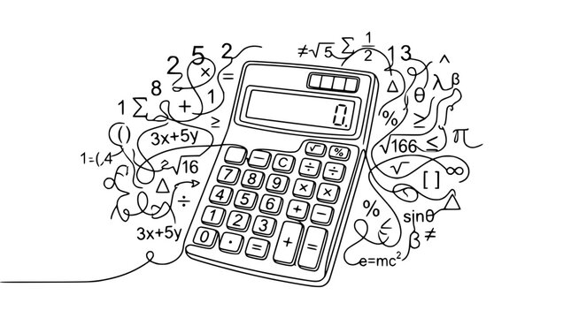 Calculator Surrounded by Mathematical Equations and Symbols, Isolated