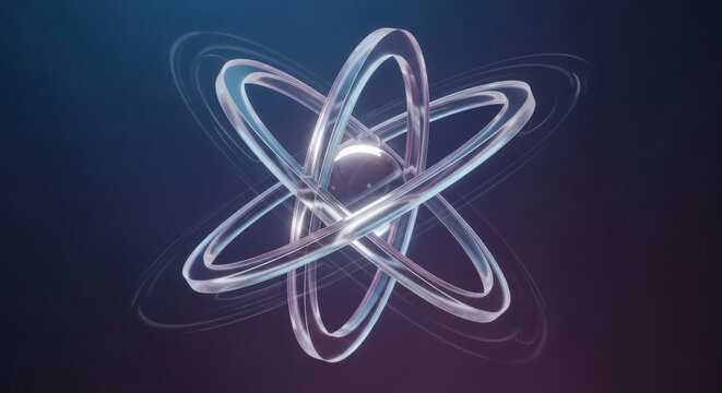 Abstract 3D illustration of an atomic structure with crystalline glowing orbits and a central core on a dark gradient background for technology