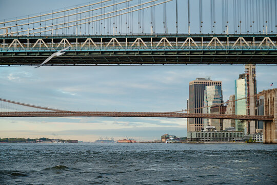 The Brooklyn Bridge appears beneath the Manhattan Bridge span.. Steel trusses line the upper edge while a stone tower and buildings rise above rippled water.