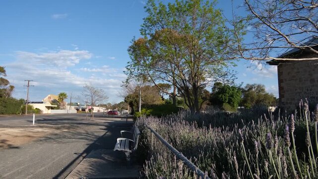 A wide, quiet street&nbsp;in the rural town of Keith, South Australia, featuring a bench on footpath, lavender garden beds,&nbsp;and local stone heritage architecture.&nbsp;Country township and regional community