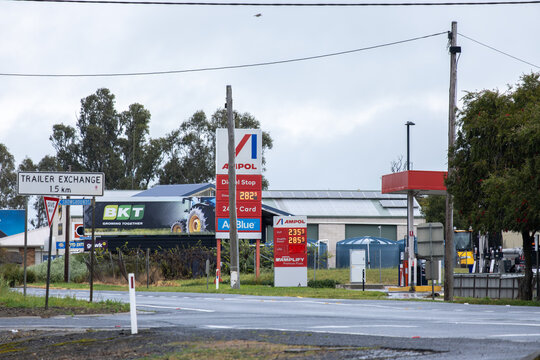 A roadside Ampol service station along the Western Highway in Nhill, Victoria, Australia, featuring fuel price pylon signs.