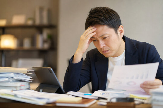 書類が積まれたデスクで額に手を添える男性