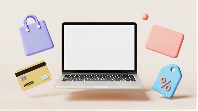 Online shopping with laptop, cart, credit card, and discount symbols floating nearby.