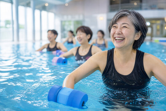 プールで水中用ダンベルを使って運動するシニア女性
