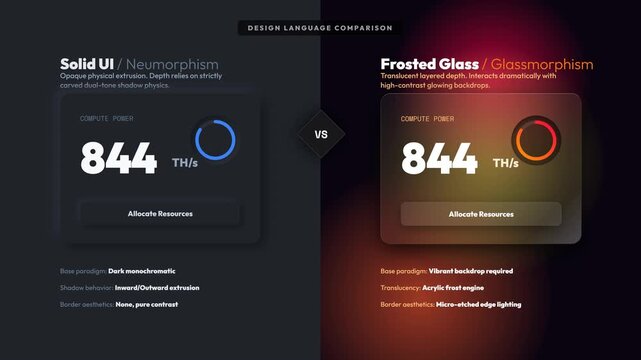 Premium 4K motion graphic comparing glassmorphism frosted glass and neumorphism soft UI design trends with animated elements and seamless looping for presentation backgrounds.
