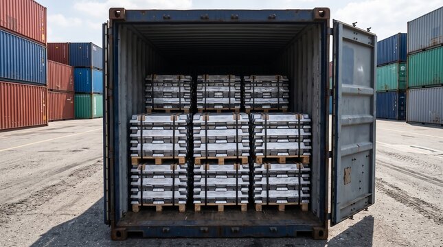 Aluminium Ingots Shipping Container Loaded On A Container Yard