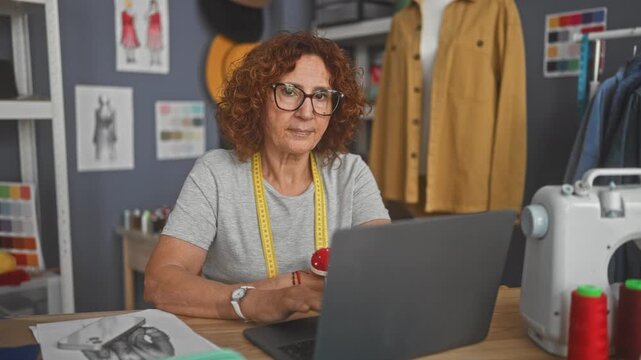 Woman using laptop with measuring tape around neck, hands on keyboard and gaze at screen, working in a dressmaker studio; creative concentration.