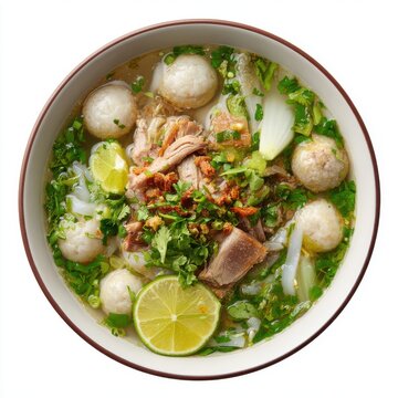 Burmese Thingyan kyay oh rice noodle soup with pork fish  isolated on a white background