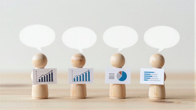 Four wooden figures hold charts, each with a speech bubble above.