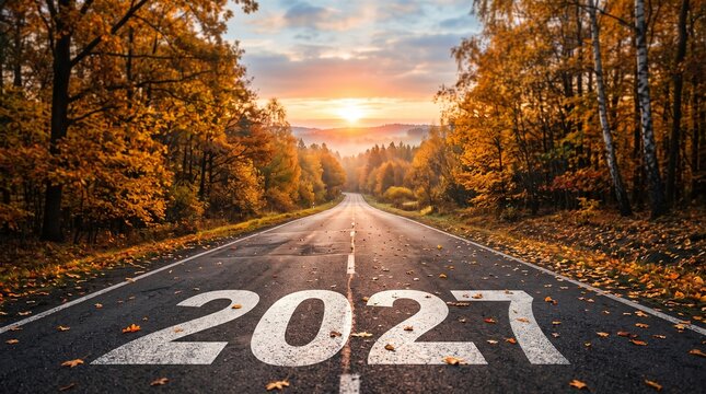 2027 New Year Concept on an Autumn Road at Sunrise, symbolizing hope, progress, and new beginnings.