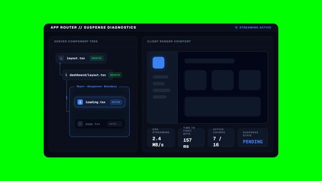 Motion graphics Next.js App Router diagnostics dashboard. Premium UI layout featuring a server component tree, active React Suspense boundaries, and skeleton loading states over a pure green screen.