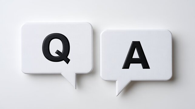 Q&A speech bubbles, 3D black letters on white chat boxes, simple white background FAQ concept