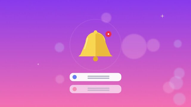 Animated social media notification bell appearing with pop up message bars on vibrant purple gradient background