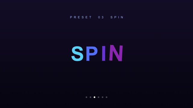 Animated typography presets showing wave bounce spin blur glitch and neon text styles on clean dark background
