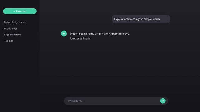 Animation of AI assistant screen generating text and code snippet with sleek dark UI and minimal aesthetic