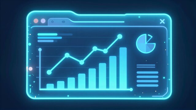 Glowing blue data dashboard with charts and graphs on a digital screen.