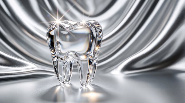 Crystal glass tooth ornament sits on shiny silver silk fabric background. Transparent molar decoration sparkles with bright light reflections. Minimalist dental art object displays luxury style,