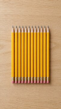 Row of identical, sharpened pencils aligned on a desk