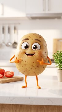 Cute potato character in kitchen