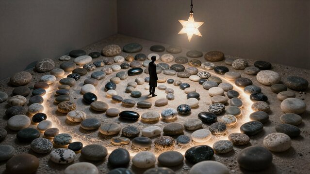 Silhouette stands in stone circle, star light above, glowing path beneath.