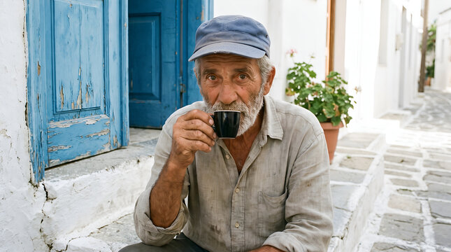 Elderly man drinking coffee on a Greek island street