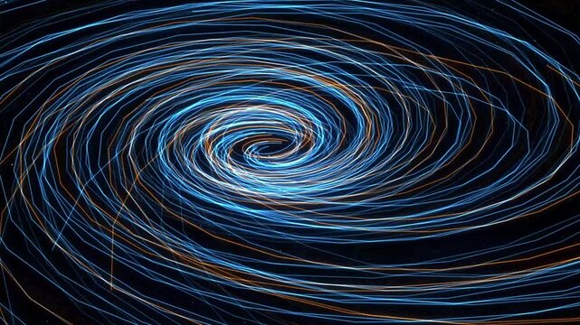 Abstract digital background with glowing blue and orange light trails forming a swirling vortex pattern in deep space