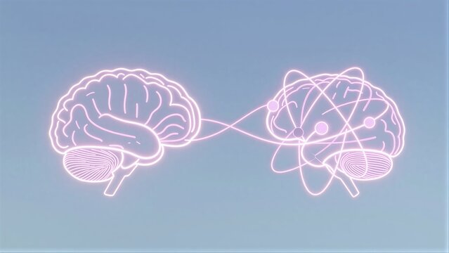 Two glowing brains connected by energy lines, symbolizing mind and science fusion.