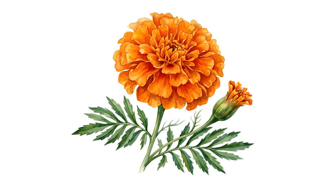 Hand drawn watercolor botanical illustration of a vibrant blooming orange marigold flower head with a small unbloomed bud and detailed feathery green leaves isolated on a white background.