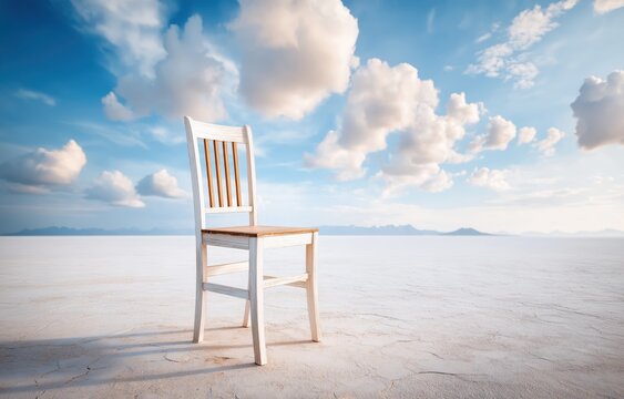 Lone empty chair facing an infinite radiant white landscape in a minimalist setting