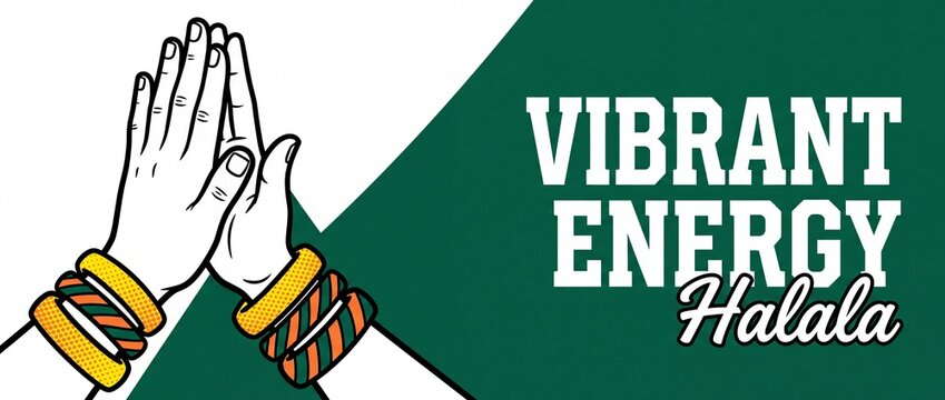 Namaste hands gesture Indian greeting with colorful bangles pop art graphic illustration on green and white background featuring text Vibrant Energy Halala for culture, spirituality and welcome poster