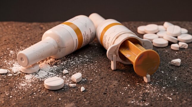 Emergency medicine: Naloxone nasal sprays and scattered pills symbolize urgent opioid overdose response