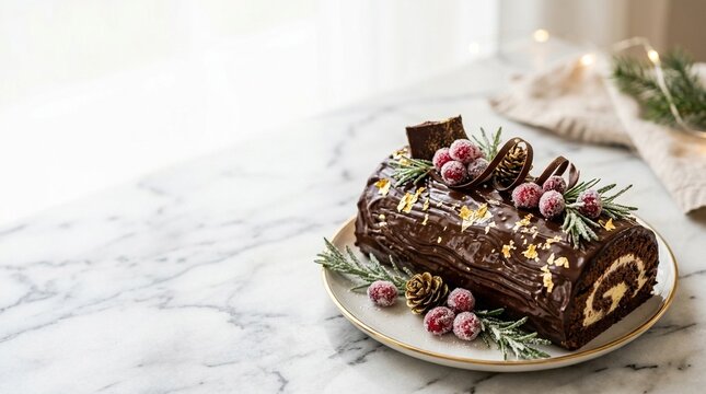 Chocolate yule log with glossy ganache, sugared cranberries and rosemary on a white plate, marble table