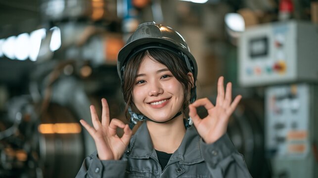 工場で機械設備を点検する日本人スタッフの笑顔のオッケージェスチャー