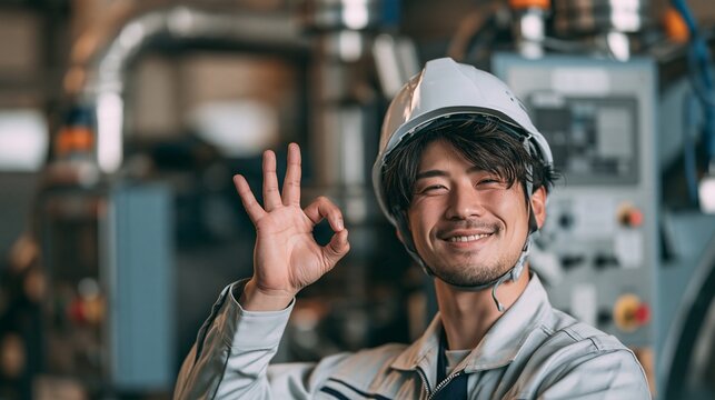 設備点検を終えて安心のオッケージェスチャーをする工場スタッフ