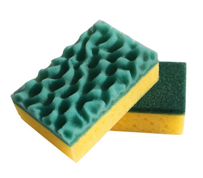 Two kitchen sponges with textured green scrubbing surfaces and yellow absorbent foam bases isolated on transparent background