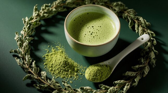 Close up of green matcha tea in ceramic bowl with powder, spoon. Dried herbs form circle on dark background. Healthy organic drink preparation for wellness ritual, zen meditation morning breakfast.