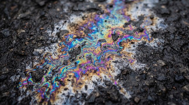 Rainbow oil slick on wet asphalt pavement surface close up view